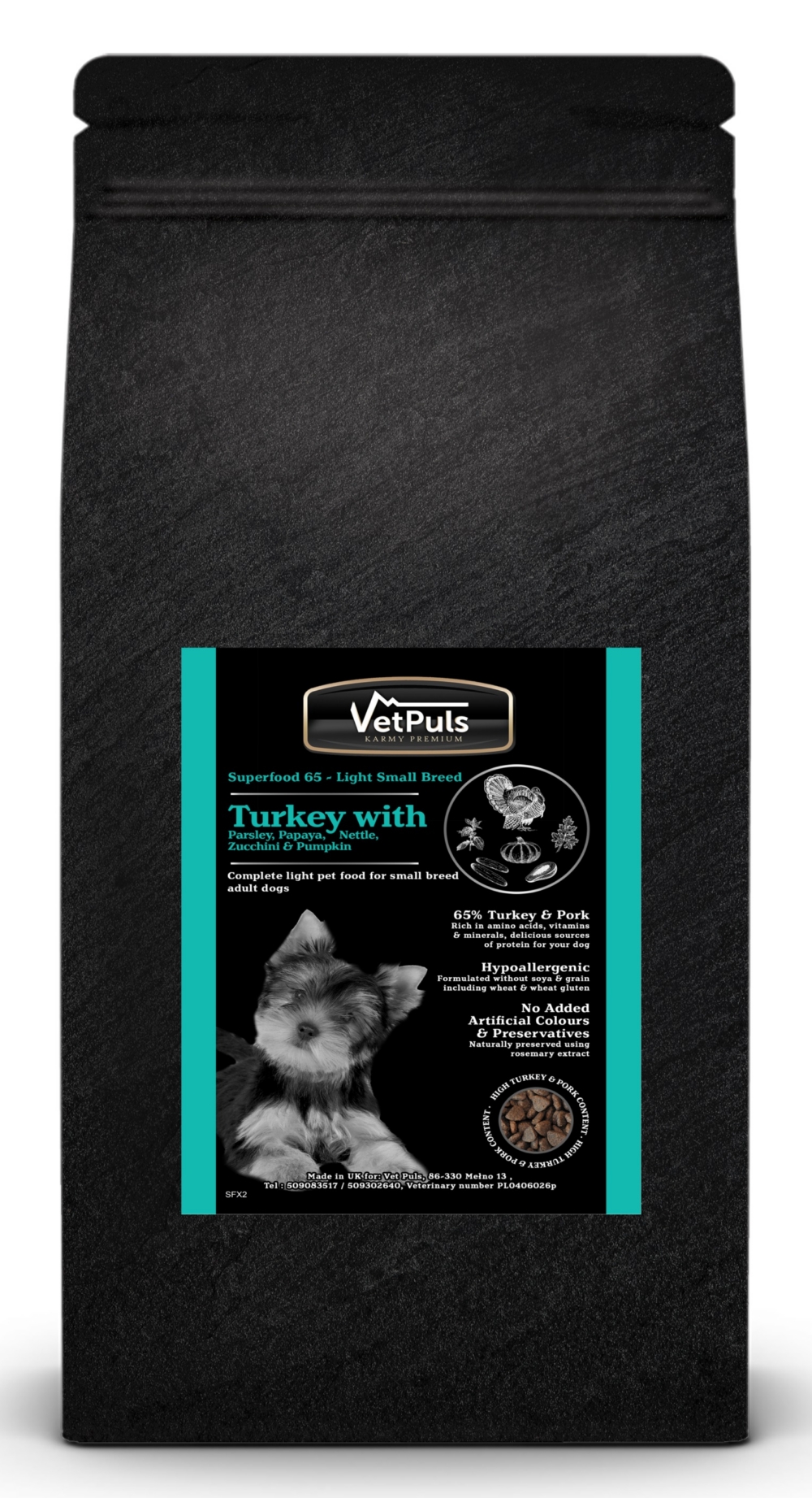 VetPuls Superfood bezzbożowa pełnoporcjowa karma light z indykiem op. 12kg